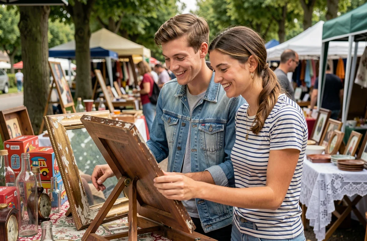 Couple examinant un cadre ancien lors d'un vide-grenier dans les Yvelines