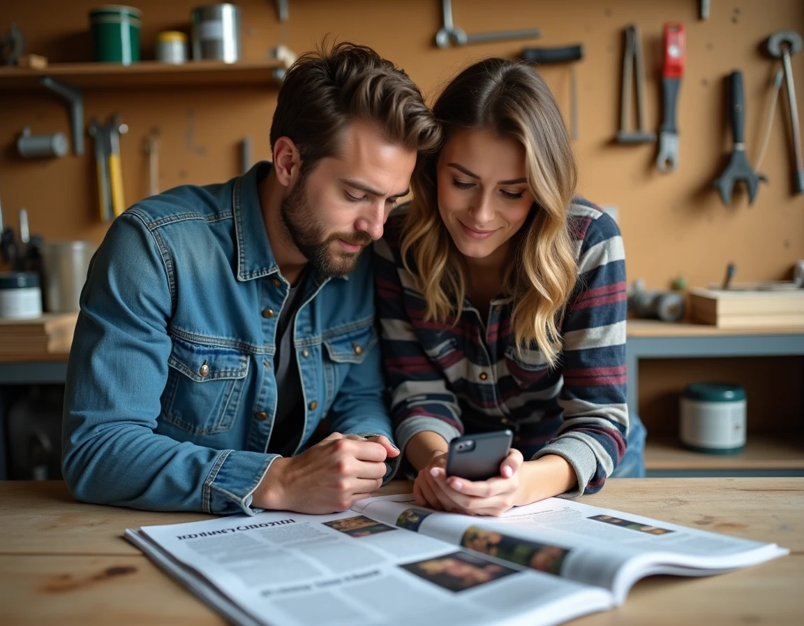 Couple comparant un magazine bricolage papier et numérique sur un établi dans un atelier de rénovation