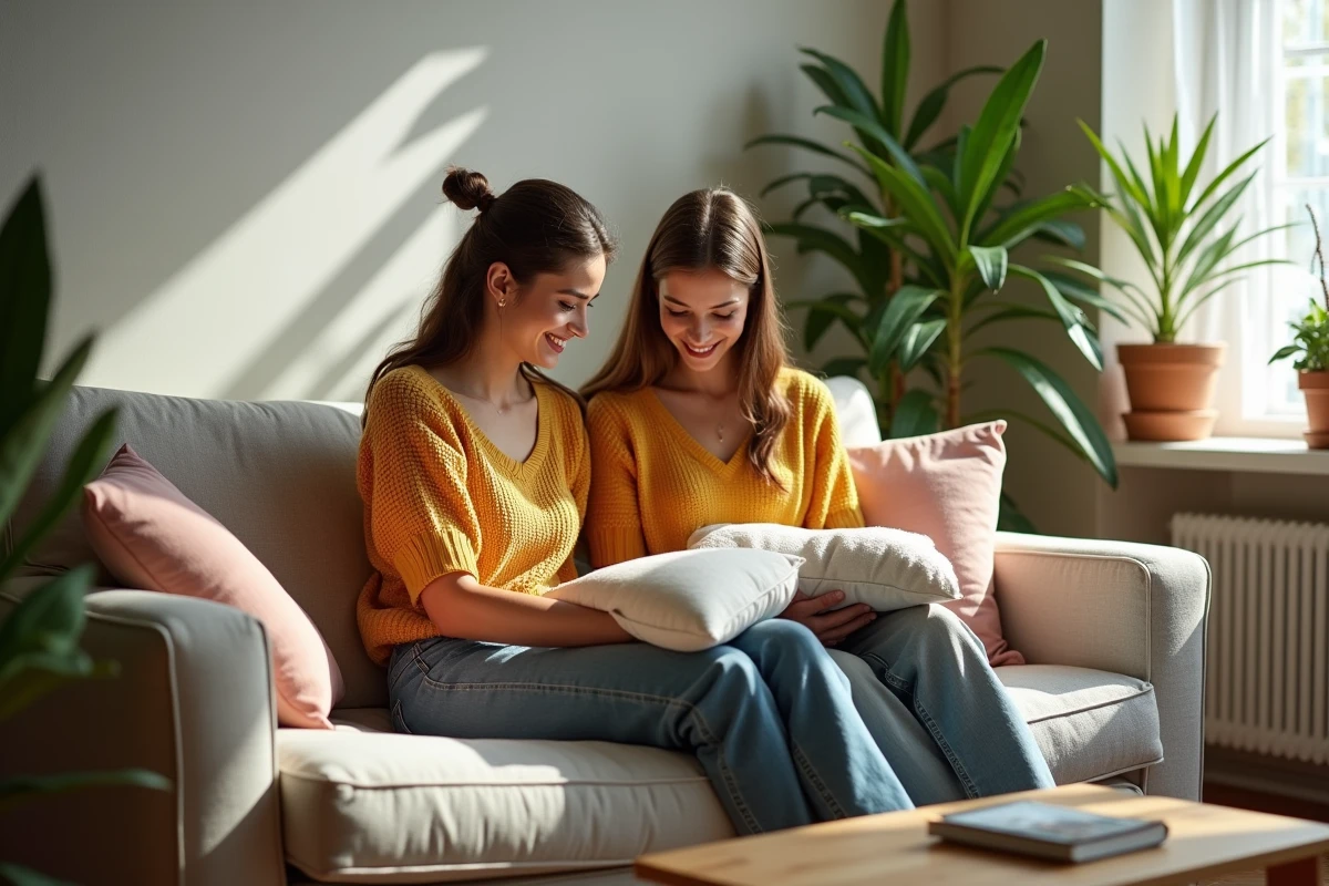 Jeune couple arrangeant des coussins dans un salon lumineux