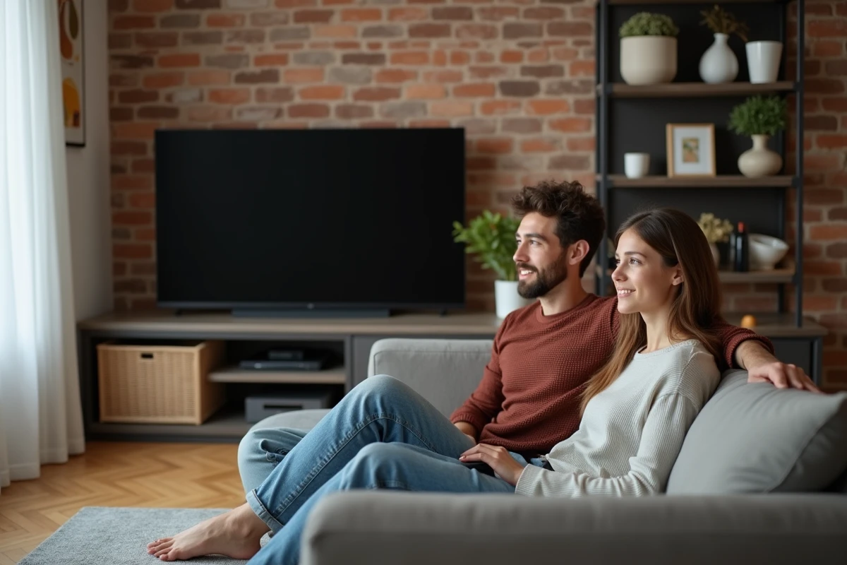Jeune couple détendu regardant la télévision dans un salon moderne