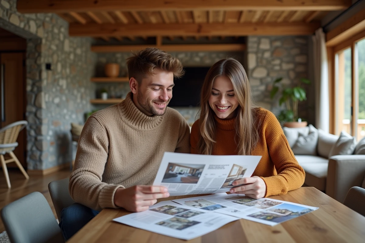 Jeune couple examine des échantillons dans un chalet intérieur chaleureux