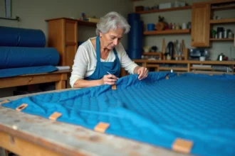 Femme cousant une couverture de piscine renforcée