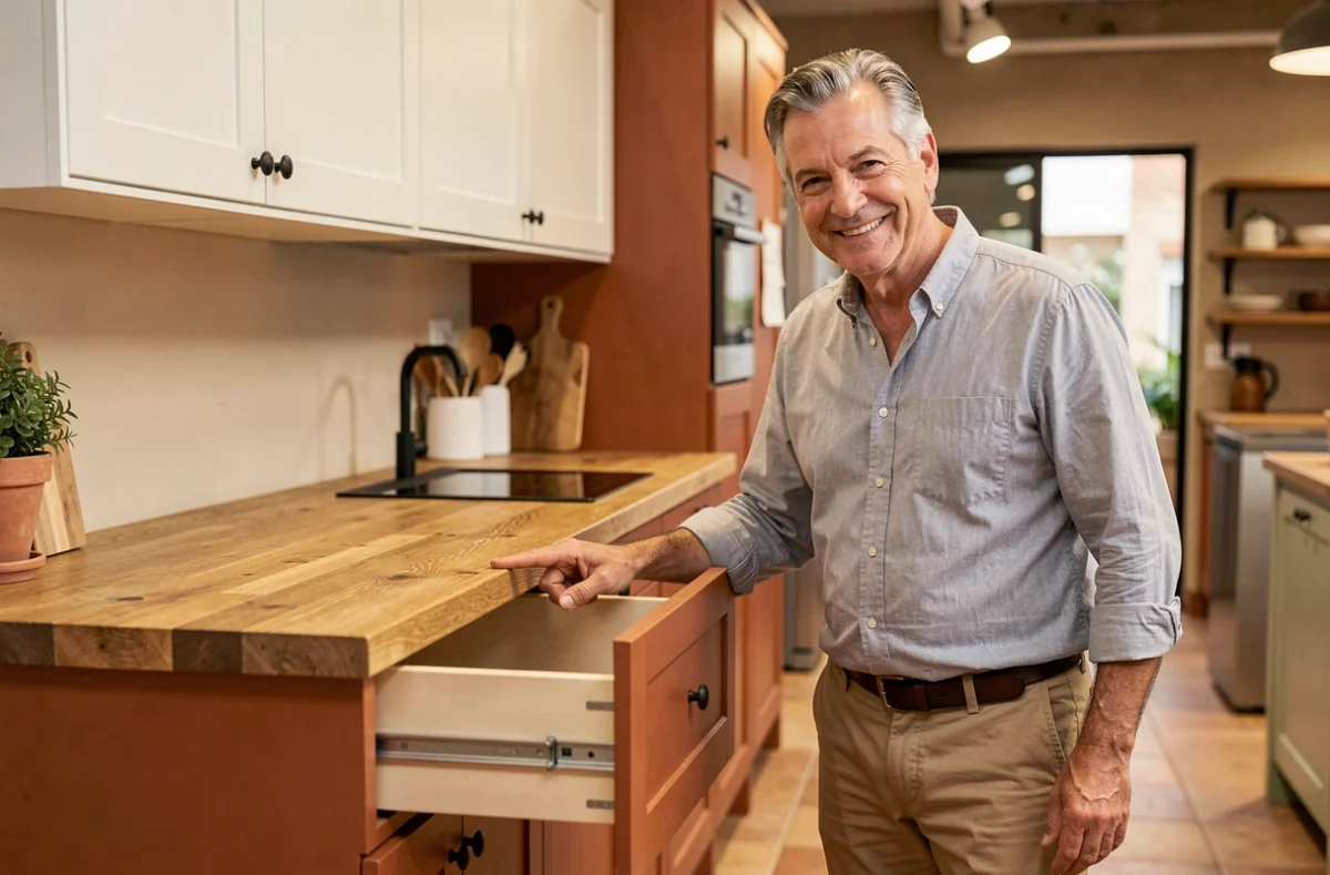 Conseiller de Cuisilog Béziers présentant une cuisine avec caissons terracotta et plan de travail en bois massif