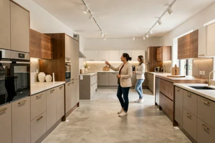 Showroom de cuisinistes dans l'Hérault avec plusieurs cuisines exposées et un designer conseillant un couple