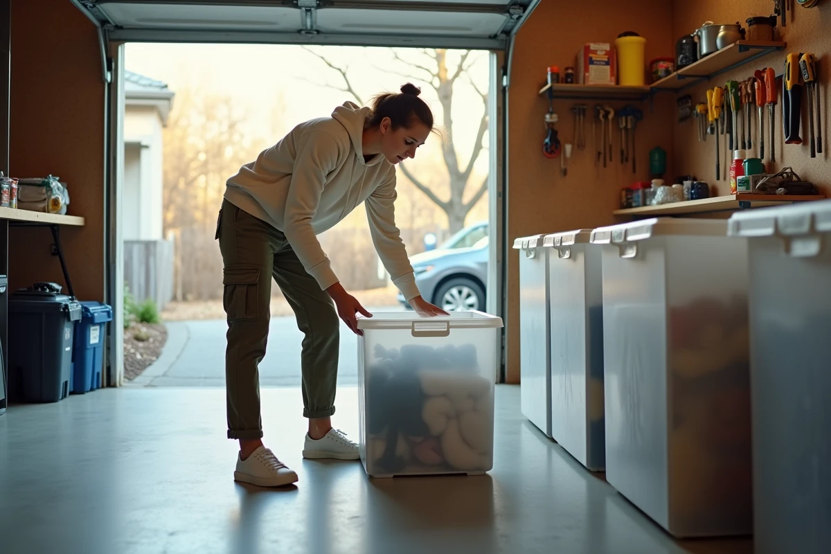 Femme organisant des bacs de rangement étiquetés dans un garage lors d'un débarras économique