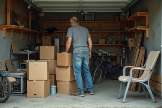 Homme triant des cartons et outils dans un garage encombré lors d'un débarras à petit budget