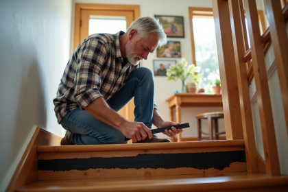 Homme d'âge moyen retire une bande antidérapante sur un escalier en bois