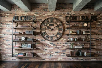 Décoration murale industrielle avec briques apparentes, horloge vintage en métal et étagères en tuyaux noirs dans un loft