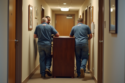 Trois déménageurs professionnels transportent un piano droit dans un couloir moderne