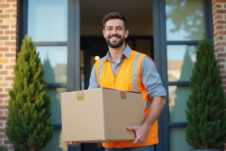 Déménageur professionnel souriant portant une boîte dehors