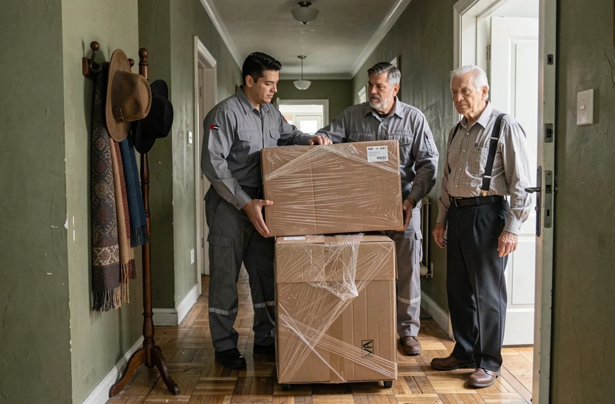 Des déménageurs professionnels évacuent des meubles dans le couloir d'un appartement de personne âgée lors d'un service de débarras