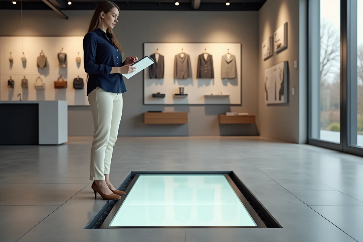 Designer d'intérieur présentant une trappe cave manuelle en verre dépoli à finition sablée encastrée dans un sol en béton ciré dans un showroom professionnel