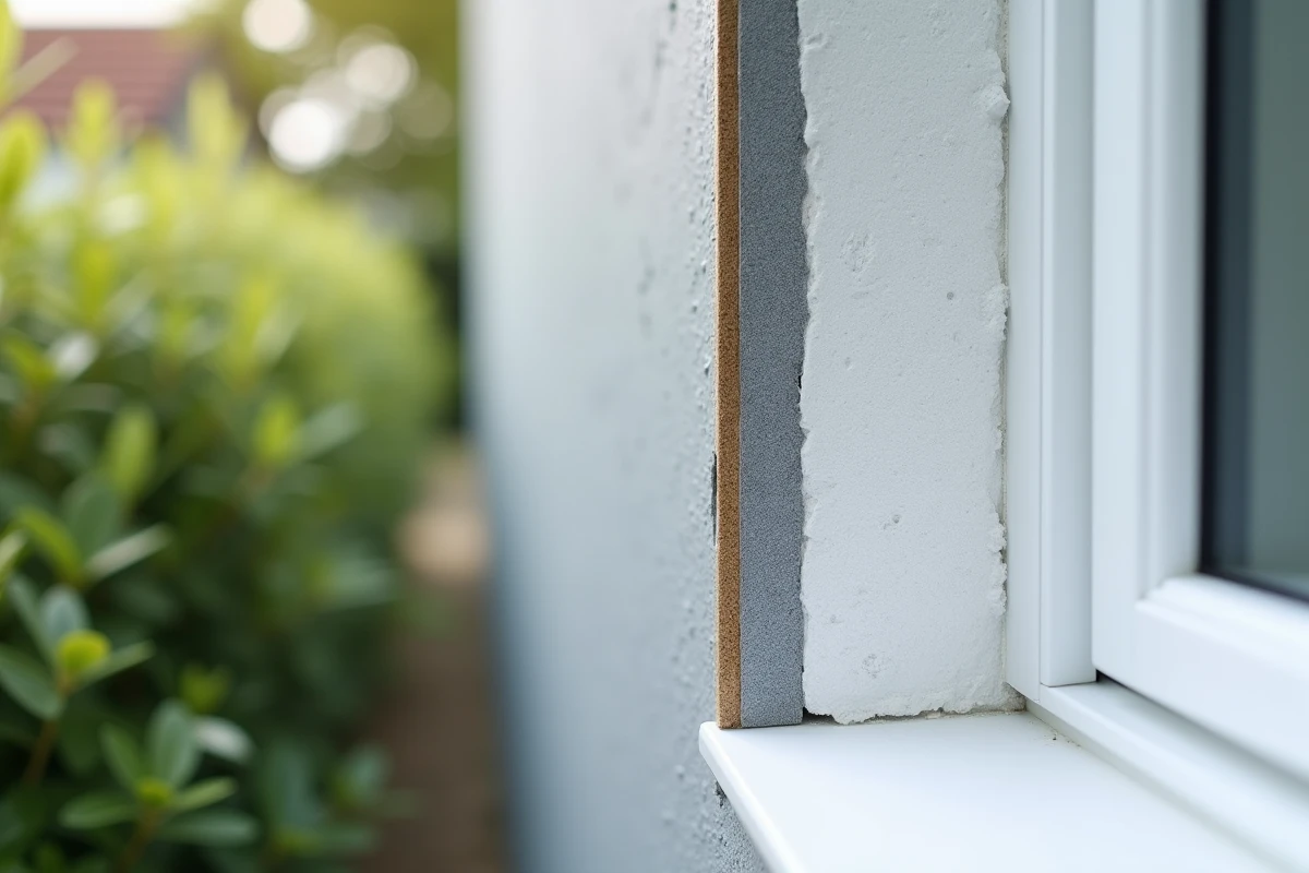 Détail en coupe d'un système ITE montrant les couches de polystyrène, sous-enduit armé et enduit de finition acrylique sur façade