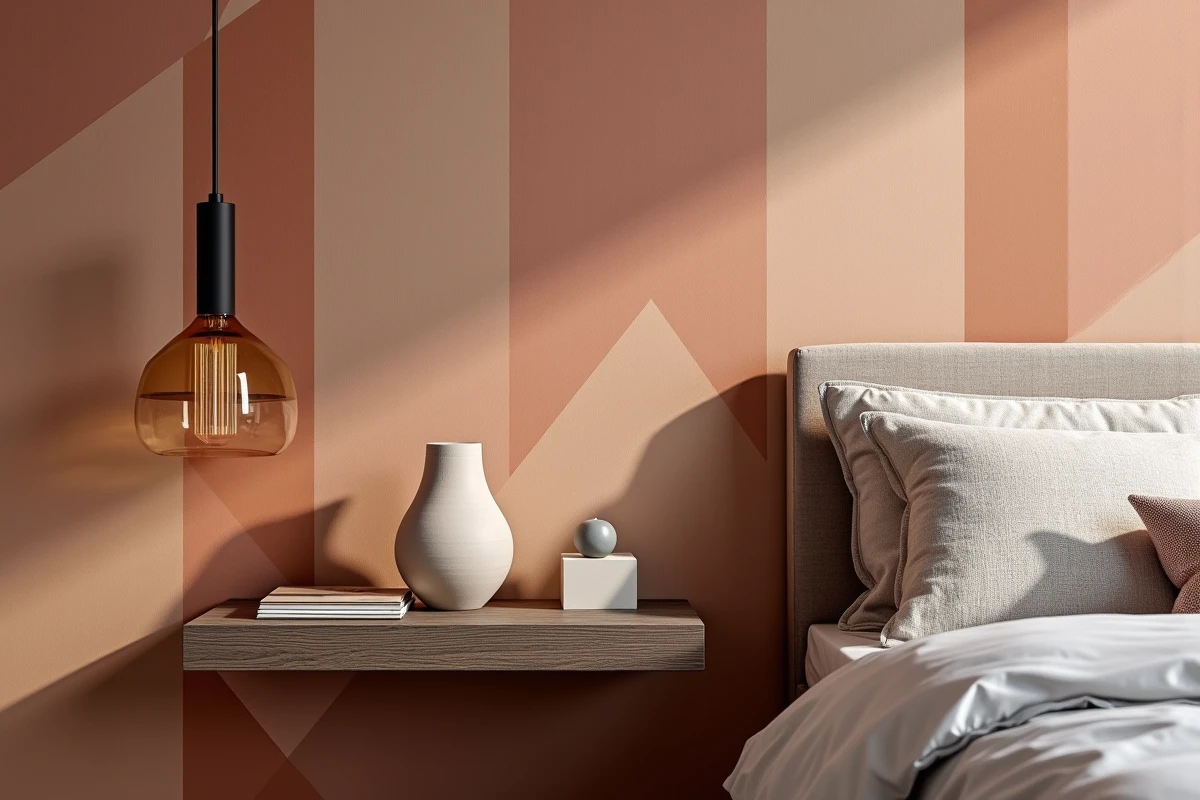 Détail chambre cocooning papier peint géométrique art déco terracotta avec étagère en chêne fumé et décoration contemporaine