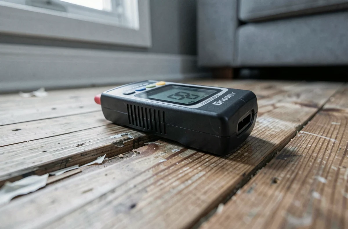 Détecteur d'humidité posé sur un parquet gonflé et endommagé par une fuite d'eau dans un salon
