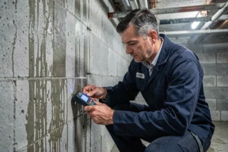 Technicien utilisant un détecteur d'humidité sur un mur de sous-sol humide avec traces d'infiltration