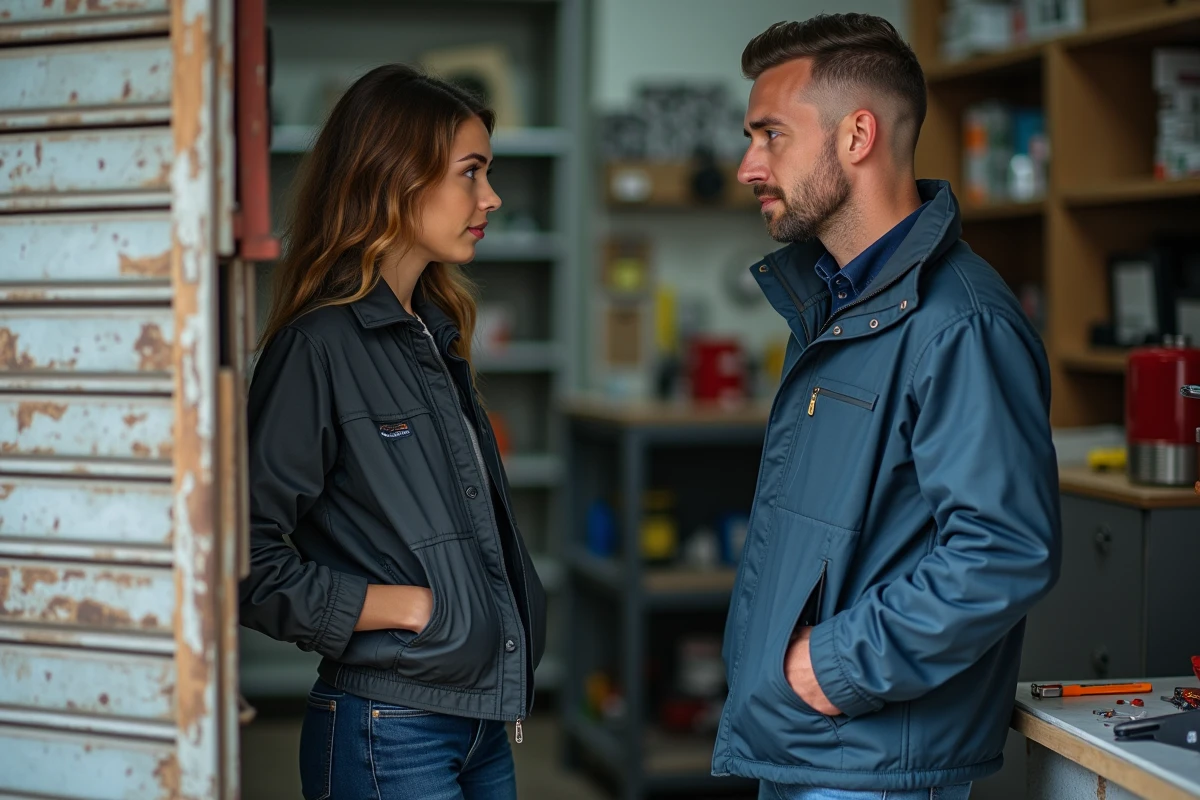 Femme et technicien discutent devant une serrure