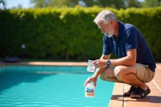 Homme mesurant la dose de chlore choc pour piscine au bord du bassin avec un verre doseur
