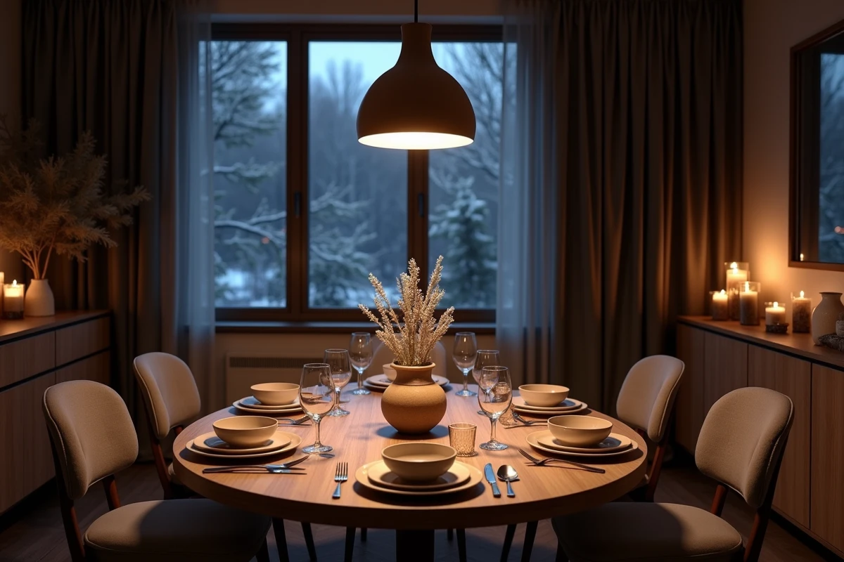 Salle à manger hivernale avec éclairage ambiant chaud, table dressée et fenêtre enneigée au crépuscule