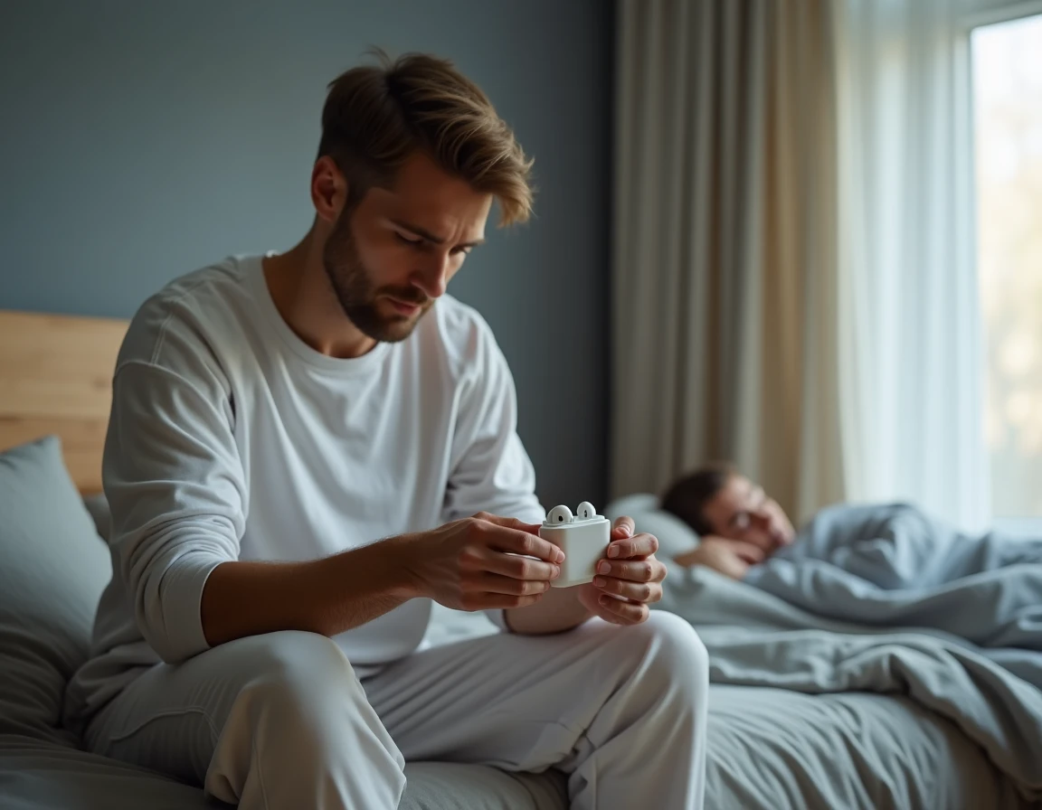 Homme utilisant des écouteurs sans fil comme réveil discret pour ne pas réveiller sa partenaire