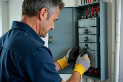 Électricien inspectant un tableau électrique avec disjoncteur différentiel type A et type AC dans une maison