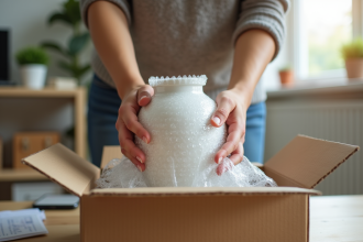 Personne emballant une vaisselle fragile dans un bureau lumineux