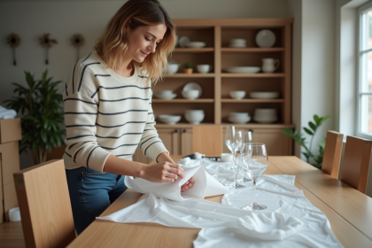 Femme emballant des verres en cristal dans une salle à manger lumineuse