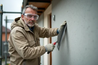 Ouvrier appliquant un enduit de finition minéral sur un panneau de polystyrène expansé lors de la rénovation d'une façade extérieure