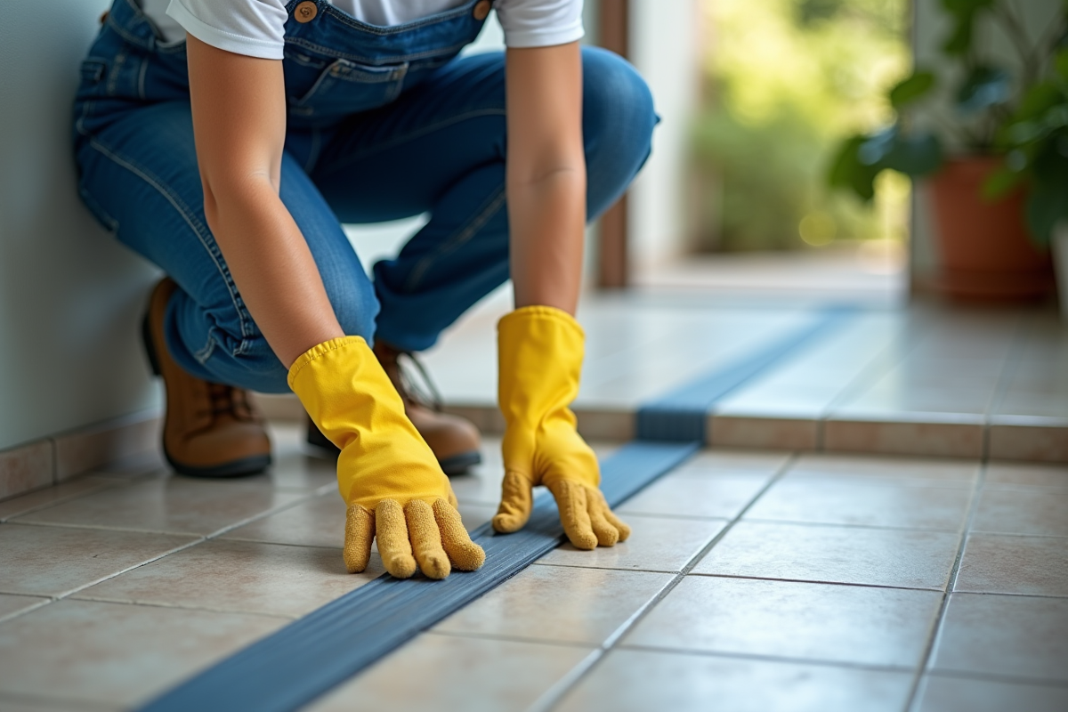 Jeune femme en tenue de travail retire une bande antidérapante sur un pas de porche