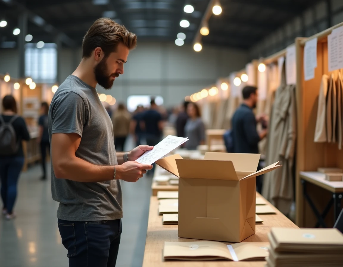 Entrepreneur masculin calculant ses coûts d'emballage avec des sacs en kraft en vrac lors d'un salon artisanal intérieur