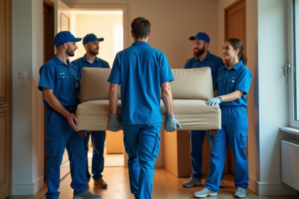 Groupe de monteurs professionnels portant un sofa dans un appartement moderne