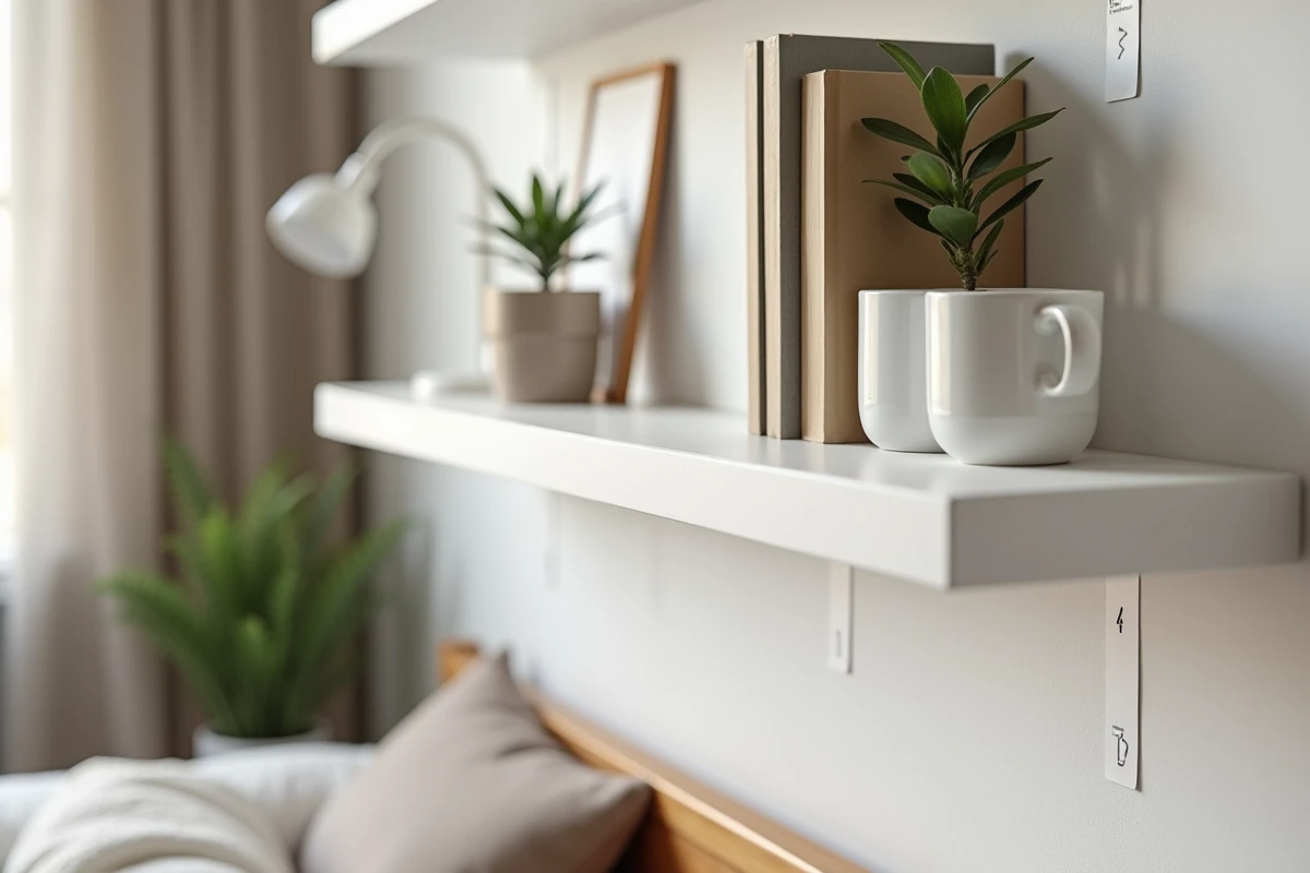 Étagères murales modulables fixées sans perçage dans une chambre de location, solution de rangement réversible