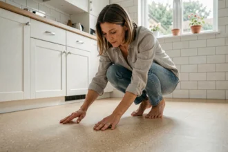 Femme examinant la texture d'un sol en linoléum dans une cuisine moderne avant un achat en ligne