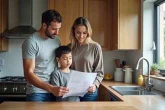 Famille dans la cuisine examine une facture d'eau