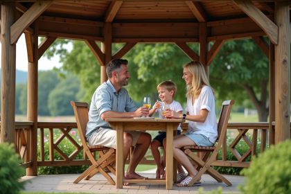 Femme et garçon souriants sous un gazebo en jardin