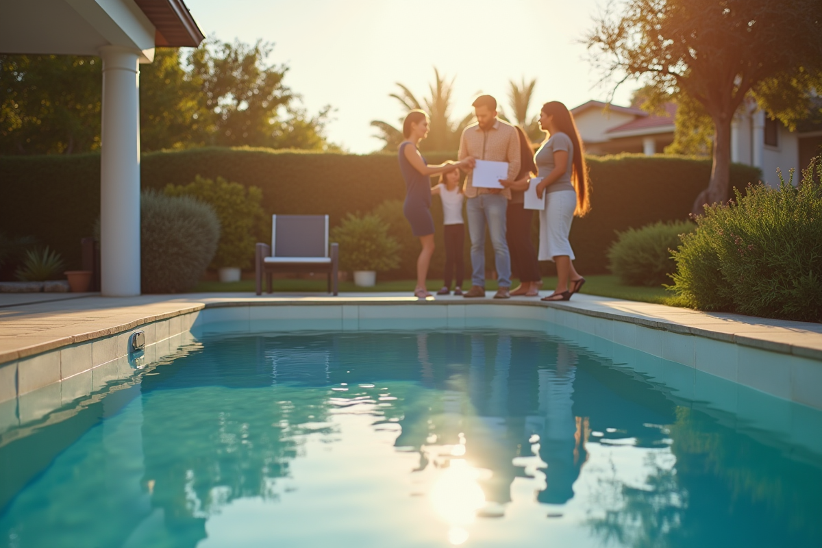 Famille avec documents devant leur piscine finie en plein soleil
