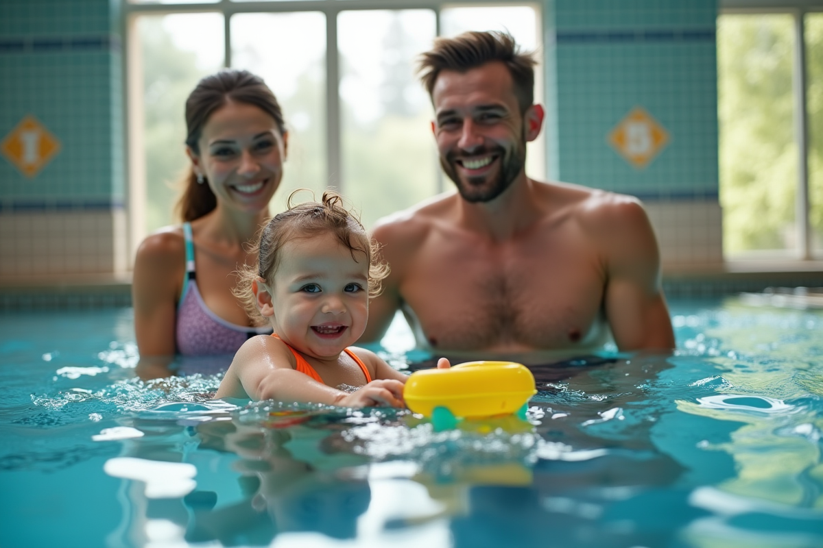 Famille heureuse dans une piscine intérieure lumineuse
