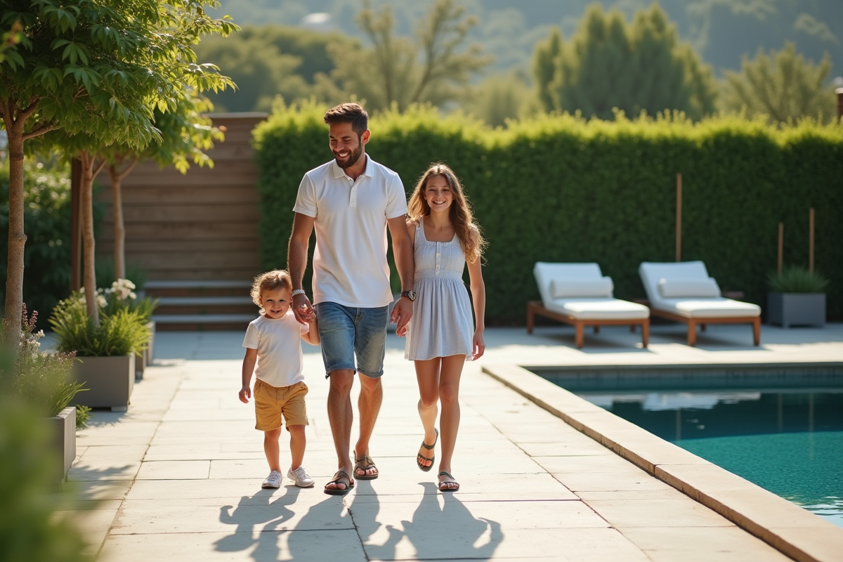 Famille souriante au bord de la piscine en été