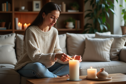 Jeune femme allumant une bougie dans un salon cosy