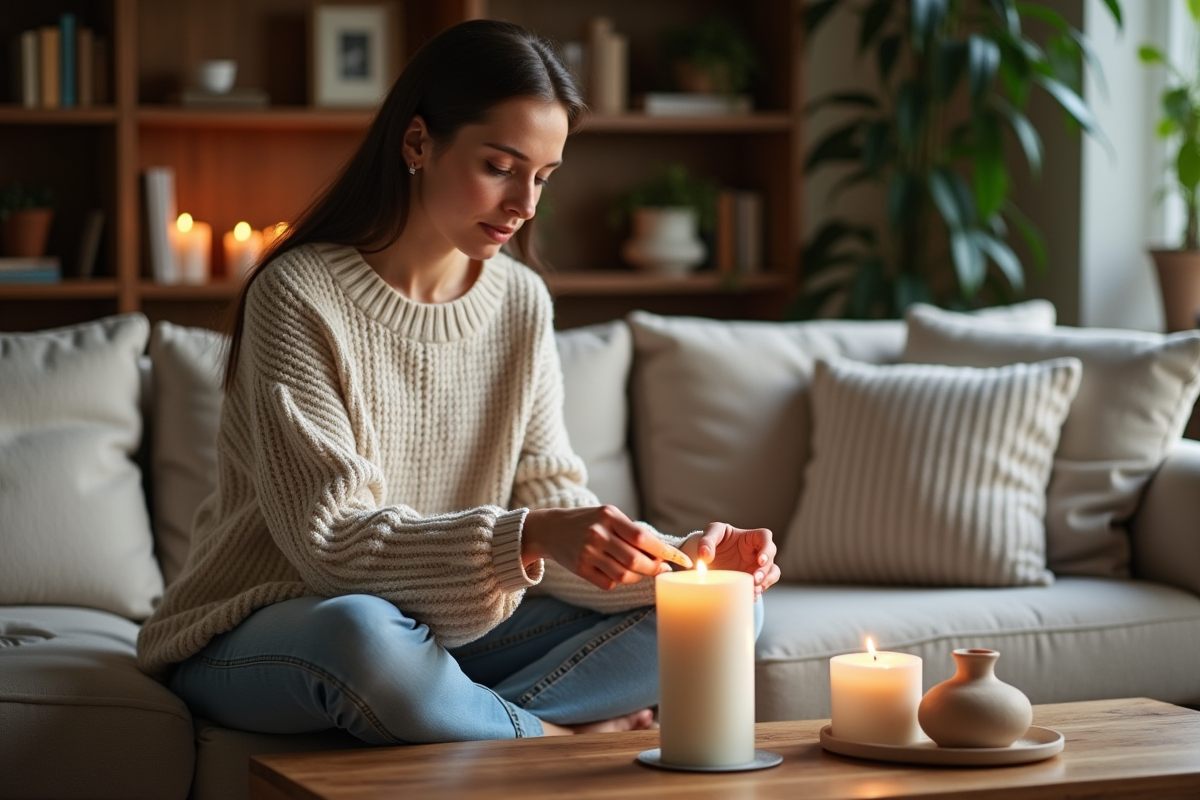 Jeune femme allumant une bougie dans un salon cosy