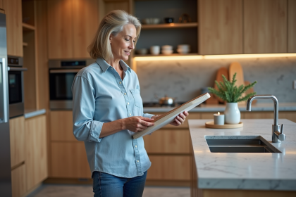 Femme examinant des échantillons de cuisine moderne