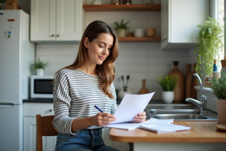 Femme en cuisine analysant des factures et prenant des notes