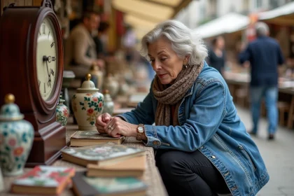 Femme examinant une vieille montre en brocante en DeuxSèvres