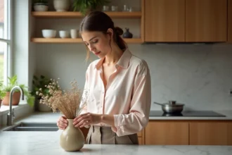 Femme élégante en tenue décontractée Callmespring arrangeant des fleurs séchées dans une cuisine moderne au style minimaliste