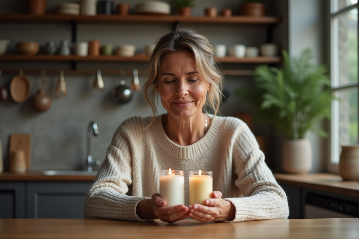 Femme moyenne âge examine deux bougies dans sa cuisine chaleureuse