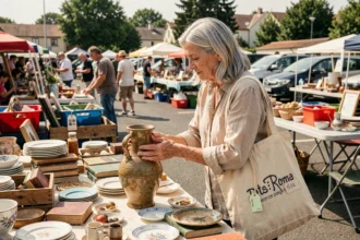 Femme chinant un vase vintage dans un vide-grenier en plein air dans les Yvelines