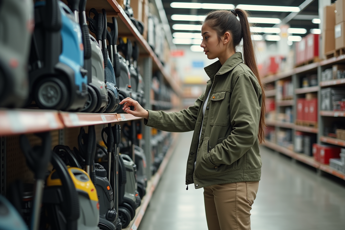 Femme inspectant des nettoyeurs haute pression en magasin