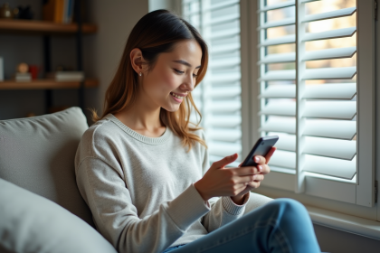 Femme utilisant son smartphone pour contrôler ses volets dans un salon moderne