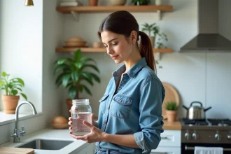 Jeune femme en cuisine avec une jauge d'eau