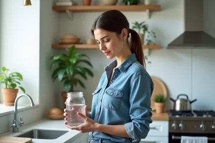 Jeune femme en cuisine avec une jauge d'eau